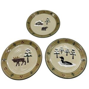 Sonoma lodge salad plates 8” 3 plates 1 bear 1 moose 1 Duck W Stoneware Holiday